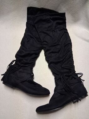 Rommy Women’s Over-the-Knee Fringe Wrap Boots — Black